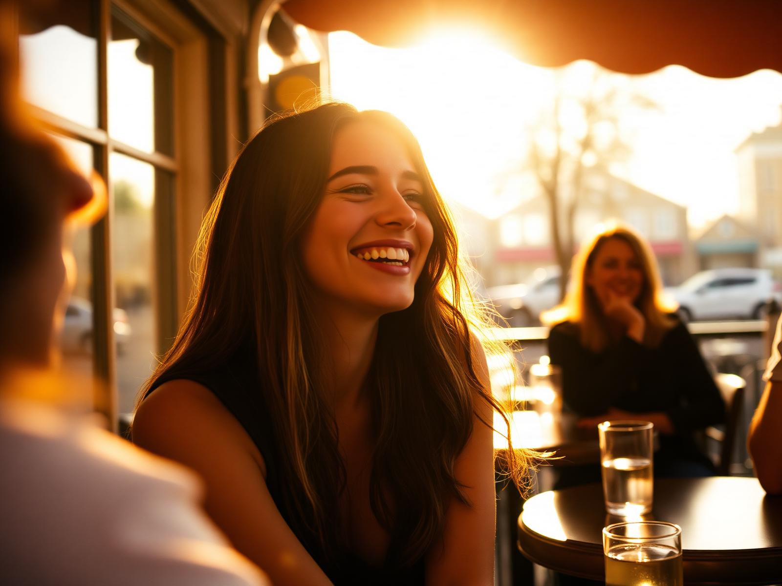 Vrouw die lacht tijdens gouden uur in een Nederlands café